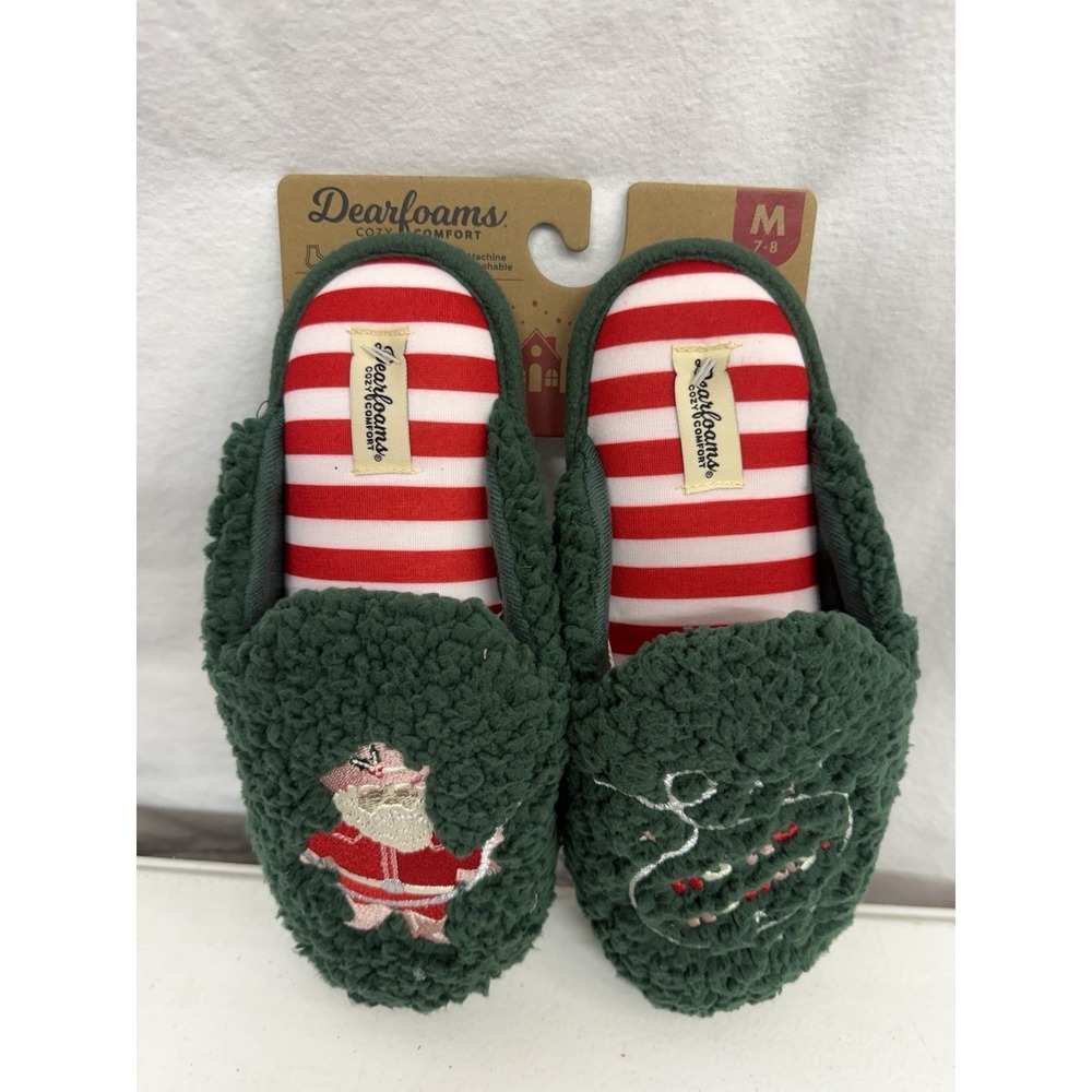 Dearfoams slippers 7-8 Christmas Green Western Santa